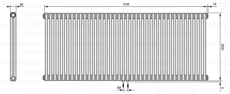 Схема (чертеж) Радиатор Zehnder Charleston 2250/38 №5410 Белый глянцевый RAL 9016